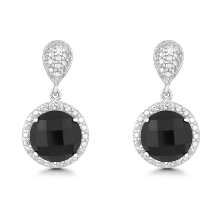 Sterling Silver Diamond and Round 9mm Black Onyx Earring