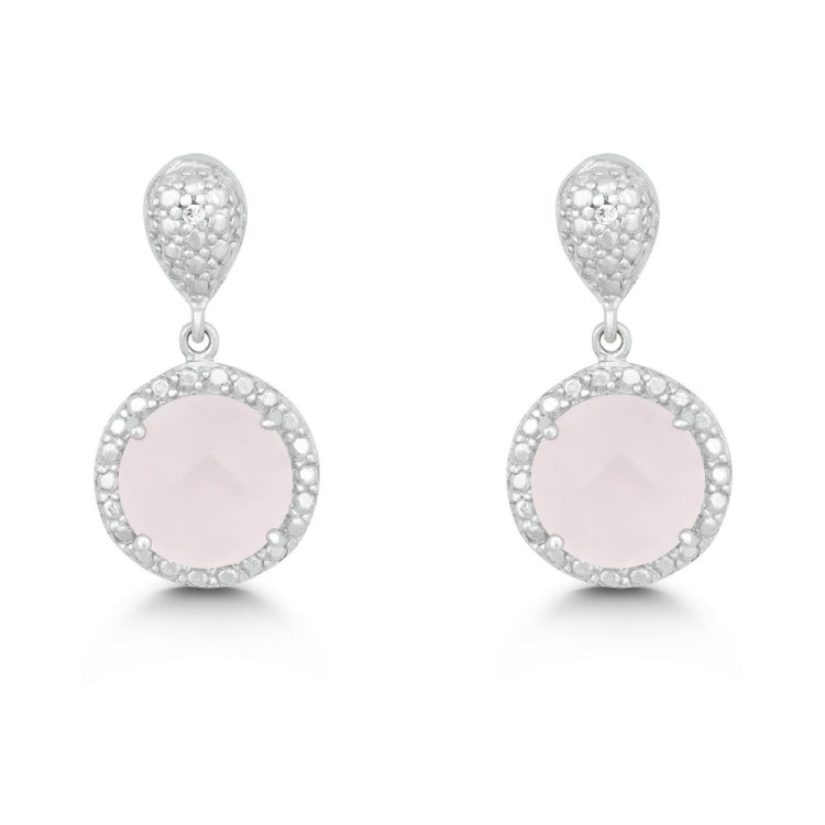Sterling Silver Diamond and Round 9mm Rose Quartz Earring