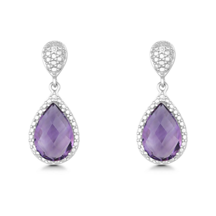 Sterling Silver Diamond and Tearshaped Amethyst Earring