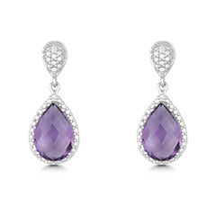 Sterling Silver Diamond and Tearshaped Amethyst Earring