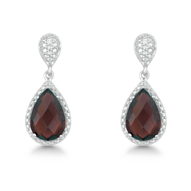 Sterling Silver Diamond and Tearshaped Garnet Earring