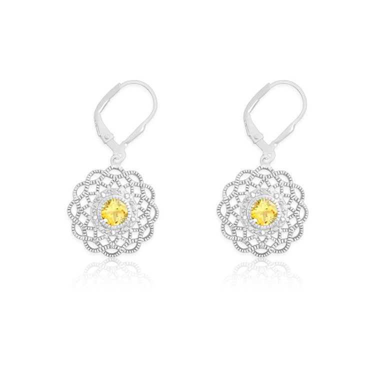 Sterling Silver Diamonds with Center Citrine Flower Shaped Earrings