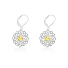 Sterling Silver Diamonds with Center Citrine Flower Shaped Earrings