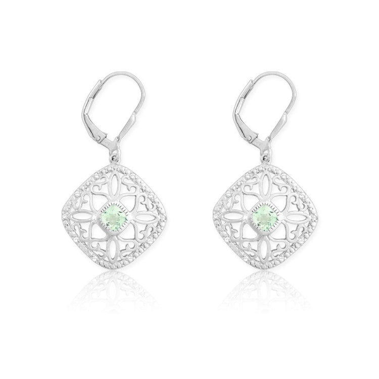 Sterling Silver Open Square Diamond & Center Green Quartz Gemstone Earrings