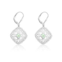 Sterling Silver Open Square Diamond & Center Green Quartz Gemstone Earrings