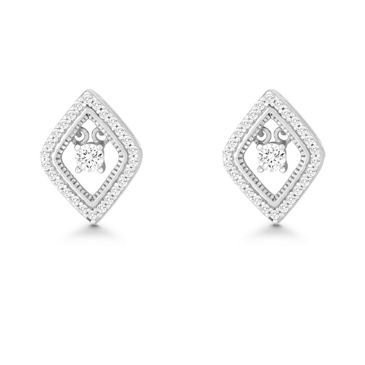 Sterling Silver Micro Pave with Center Dancing/Shimmering CZ Diamond Shaped Earrings