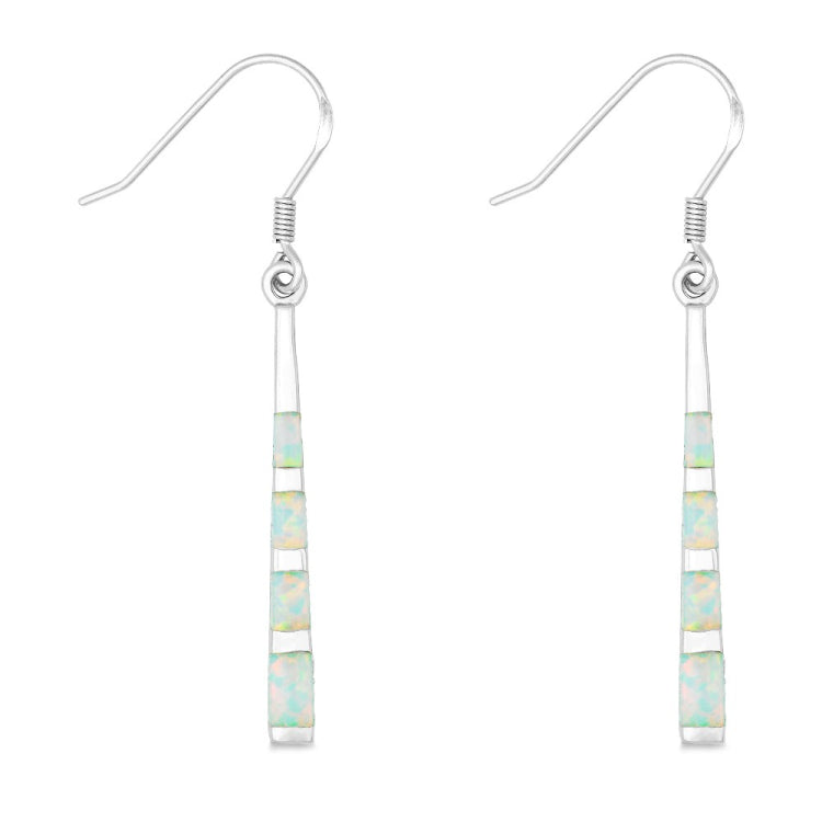 Sterling Silver Thin Long White Inlay Opal Long Dangling Earrings