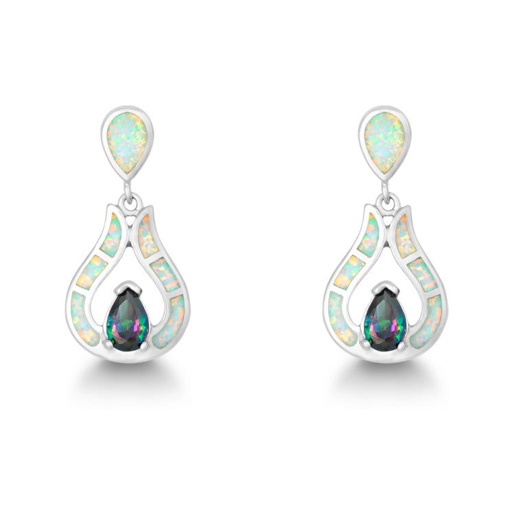 Sterling Silver White Inlay Opal Teardrop with Center Rainbow CZ Earrings
