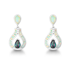 Sterling Silver White Inlay Opal Teardrop with Center Rainbow CZ Earrings