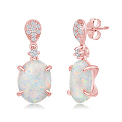 Sterling Silver Micro Pave White Inlay Four-Prong Oval Dangle Earrings - Rose Gold Plated