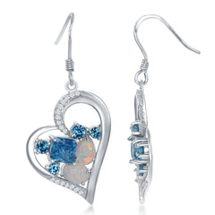 Sterling Silver Multi-Shaped Blue CZ & White Inlay Opal Heart Earrings
