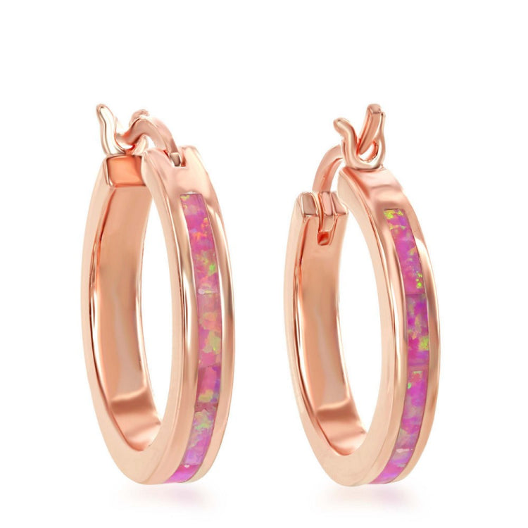 Sterling Silver RG Pink Inlay Opal Hoop Earrings