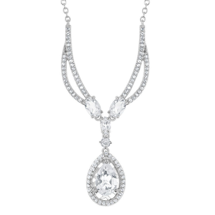 Sterling Silver 3.569 cttw White Topaz Teardrop with White Topaz Border Necklace