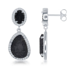 Sterling Silver Double Oval Black Ice with CZ Border Earrings