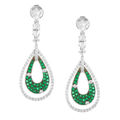 Sterling Silver Double Open Oval Micro Pave Green Large Teardrop Earrings