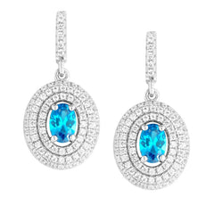 Sterling Silver Oval Clear CZ Border with Center Bright Blue CZ Earrings