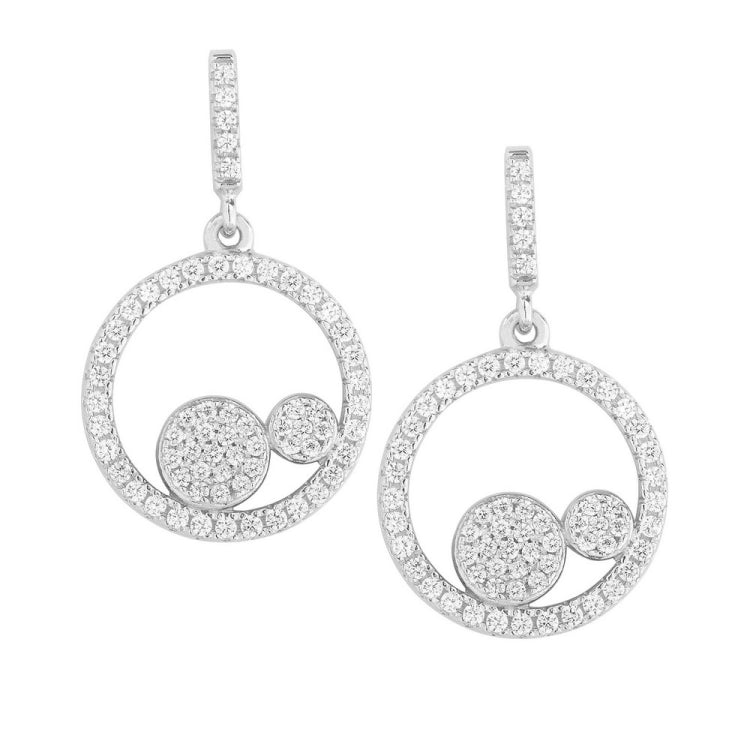 Sterling Silver Open CZ Circle with Two Center CZ Circles Earrings