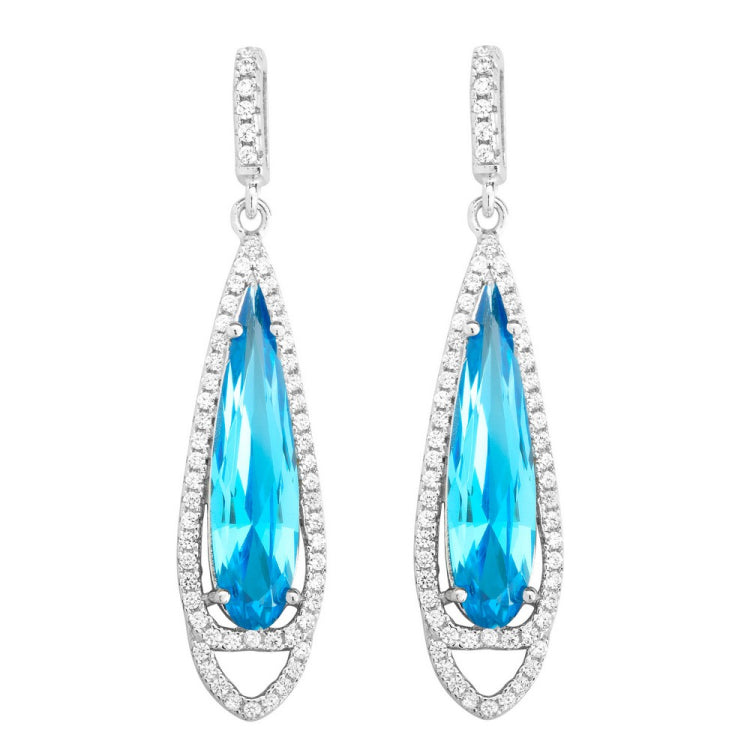 Sterling Silver Long Teardrop Bright Blue CZ with Clear CZ Border Earrings