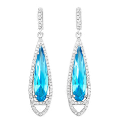 Sterling Silver Long Teardrop Bright Blue CZ with Clear CZ Border Earrings
