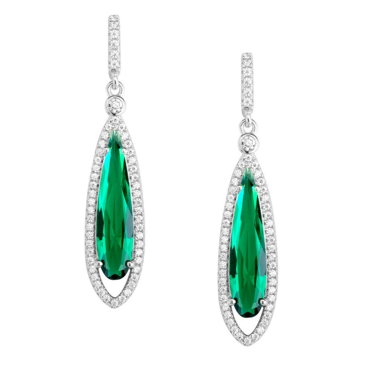 Sterling Silver Long Teardrop Dark Green CZ with Clear CZ Border Earrings
