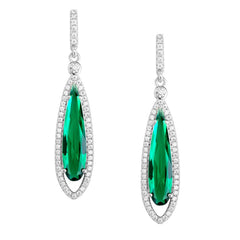 Sterling Silver Long Teardrop Dark Green CZ with Clear CZ Border Earrings