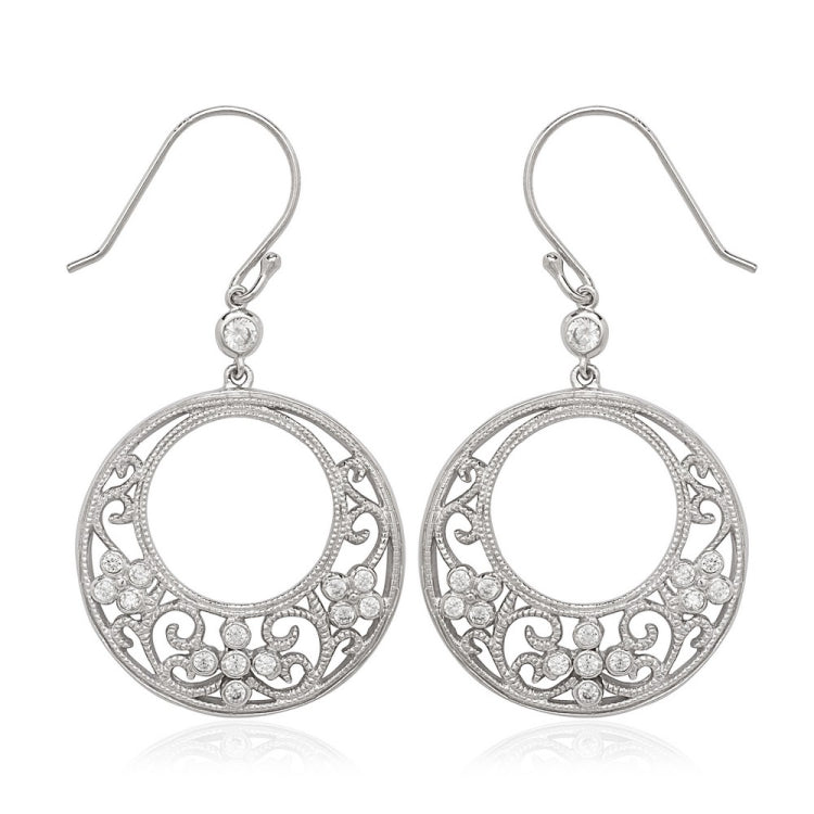 Sterling Silver Round Fancy Design with CZ Earrings