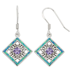 Sterling Silver Blue Inlay Opal Open Square with Center Square Purple CZ Earrings