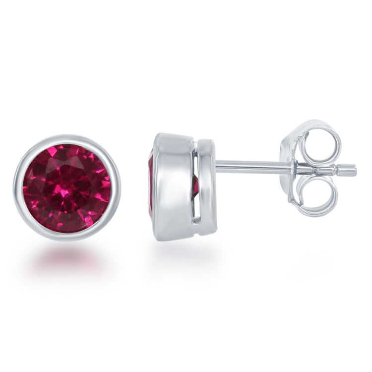 July" Created Ruby Bezel Set Stud Earrings