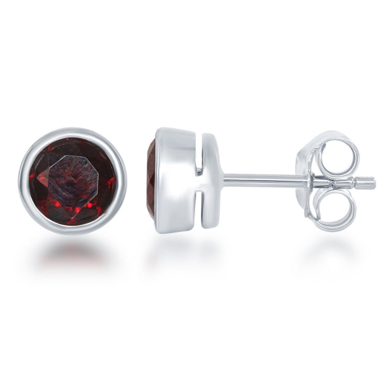 January" Garnet Bezel Set Stud Earrings