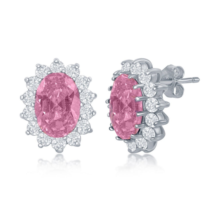 Sterling Silver Oval Pink CZ with Clear CZ Border Stud Earrings