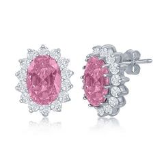 Sterling Silver Oval Pink CZ with Clear CZ Border Stud Earrings