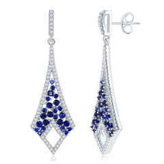 Sterling Silver Long Center Blue CZ w/ White CZ Border Diamond Shaped Earrings