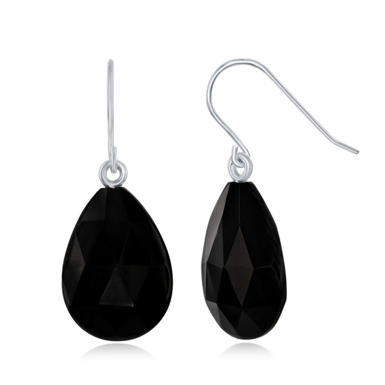 Sterling Silver Faceted Pear Shape Black Agate Earrings