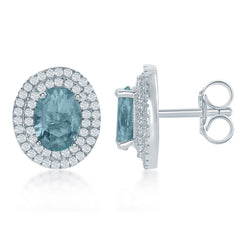 Sterling Silver Oval Simulated Blue Topaz with CZ Border Earrings