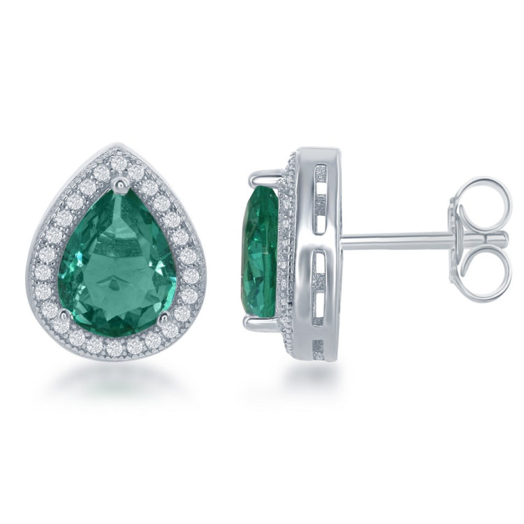 Sterling Silver Teardrop Simulated Emerald with CZ Border Earrings