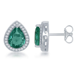 Sterling Silver Teardrop Simulated Emerald with CZ Border Earrings