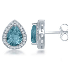 Sterling Silver Teardrop Simulated Blue Topaz with CZ Border Earrings