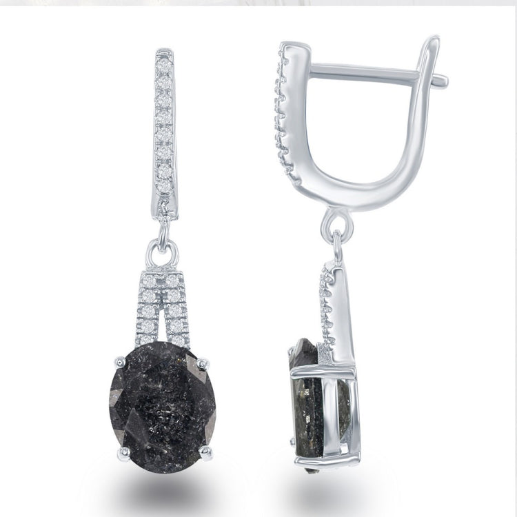 Sterling Silver Oval grey Ice with CZ Bale Earrings