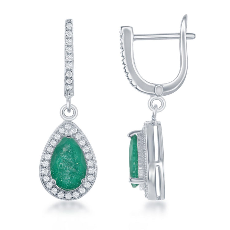 Sterling Silver Teardrop Green Ice with CZ Border Earrings