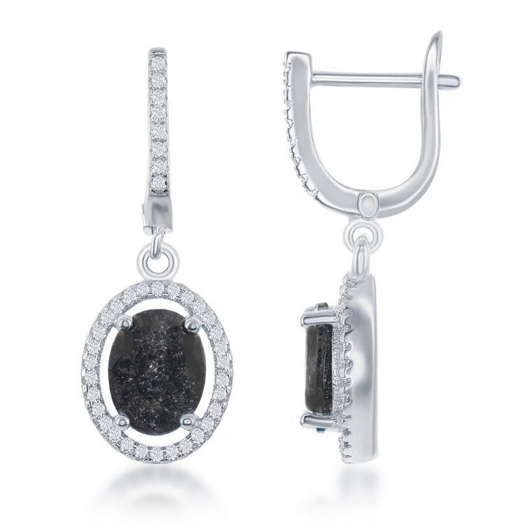 Sterling Silver Oval Grey Ice with CZ Border Earrings