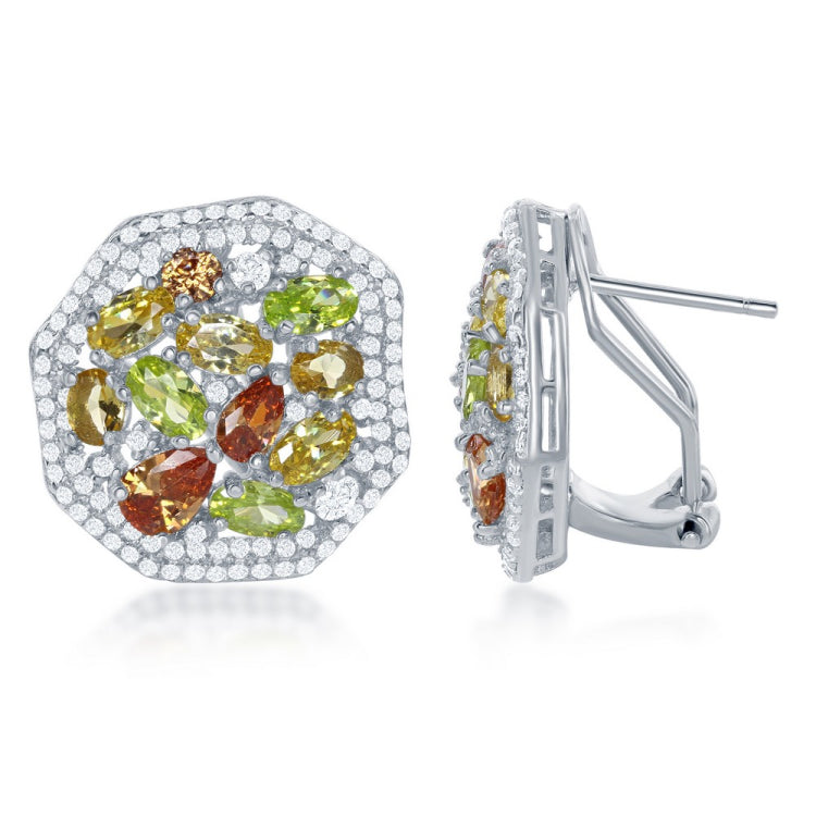 Sterling Silver Large Hexagon w/ Center Yellow, Peridot, Champagne CZ's & CZ Border Earrings