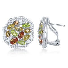 Sterling Silver Large Hexagon w/ Center Yellow, Peridot, Champagne CZ's & CZ Border Earrings