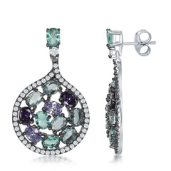 Sterling Silver Center Multi-Color Emerald, Amy, & BTCZ's w/ CZ Border Round Earrings