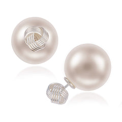 Sterling Silver Small Knot with 16mm Simulated White Pearl Back Earrings