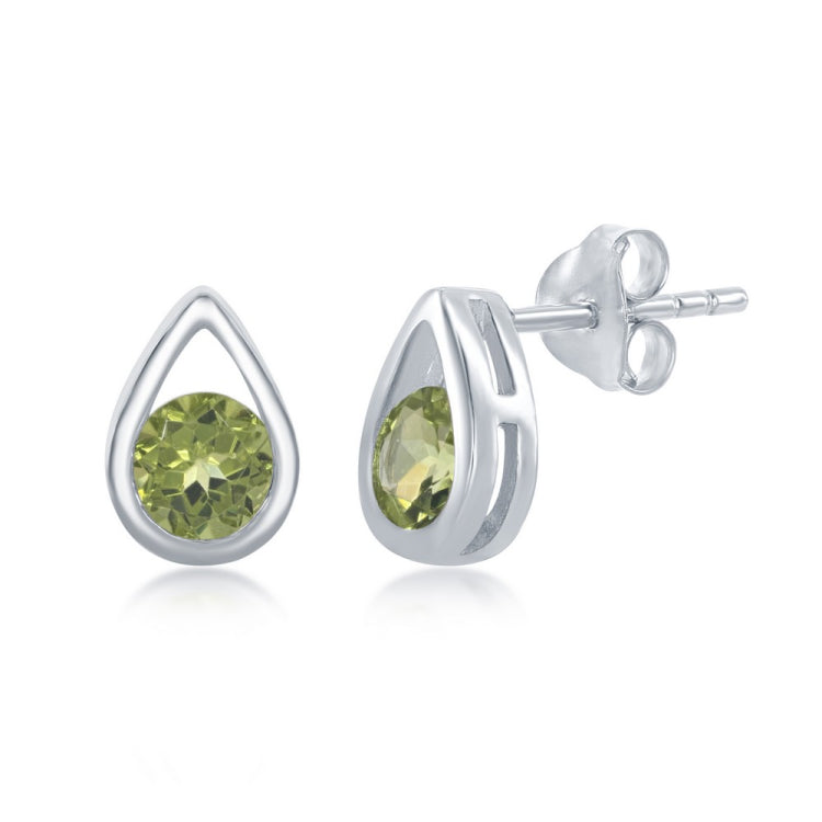Sterling Silver Open Pearshaped Round Peridot Stud Earrings