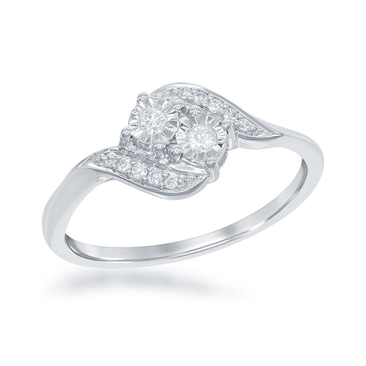 Sterling Silver "Us2gether" Square Two-Stone Diamond with Diamond Cut Border 1/8th cttw Ring