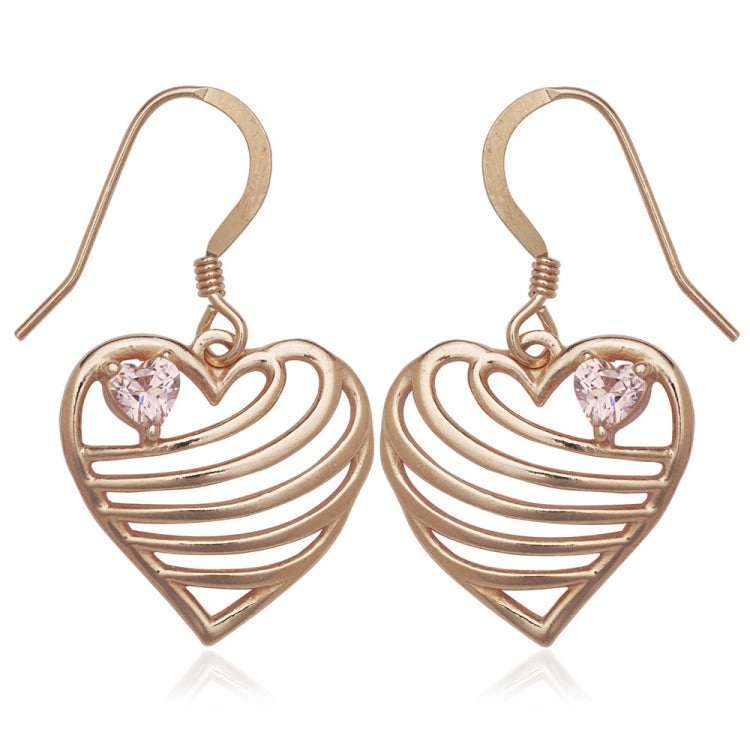 Sterling Silver Rose GP Open Lined Heart with Pink CZ Heart Earrings