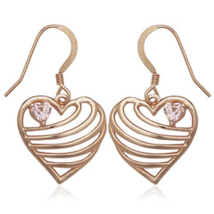 Sterling Silver Rose GP Open Lined Heart with Pink CZ Heart Earrings