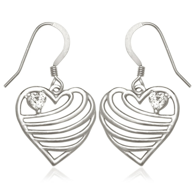 Sterling Silver Open Lined Heart with CZ Heart Earrings