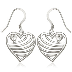 Sterling Silver Open Lined Heart with CZ Heart Earrings